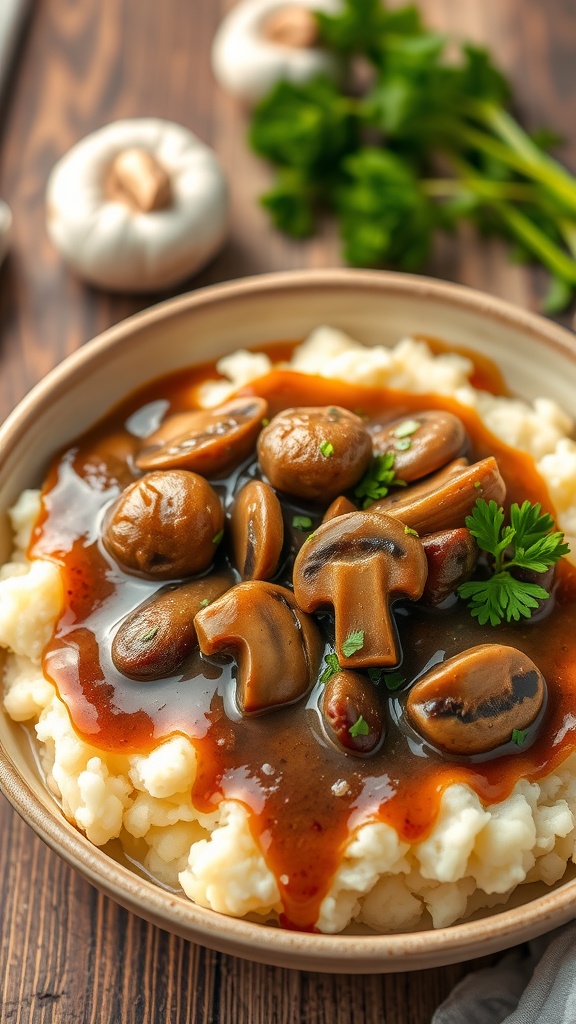 A bowl of vegan mushroom gravy over mashed potatoes, garnished with parsley, on a rustic wooden table.